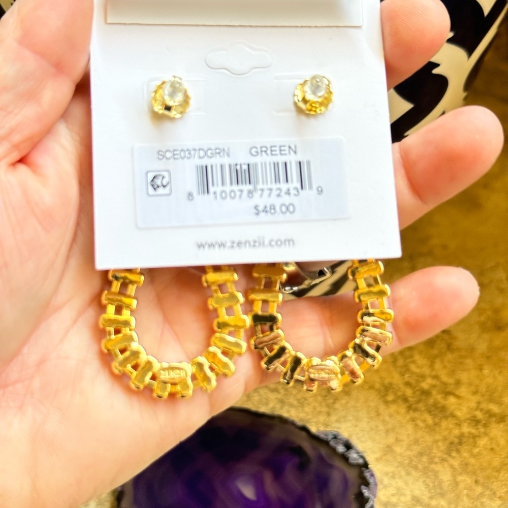 Gold Green Gemstone Earrings - Picture 6 of 11